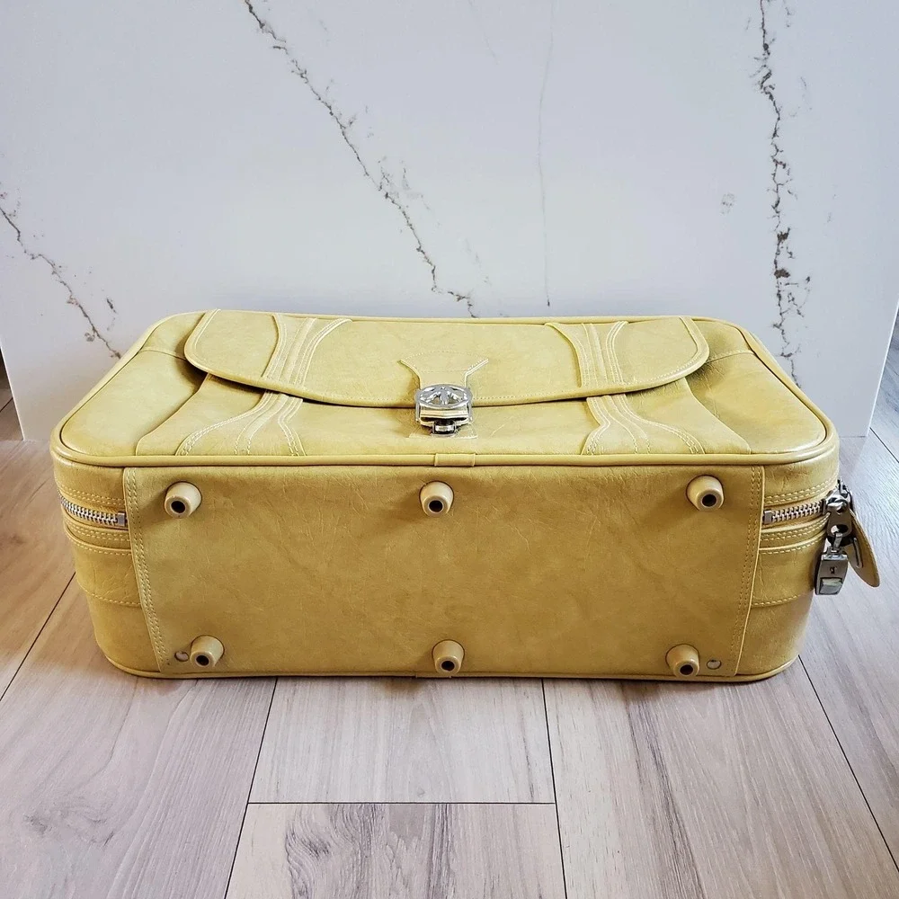 Vintage American Tourister Yellow Vinyl 2 Piece Soft Luggage Set Suitcases 1970s